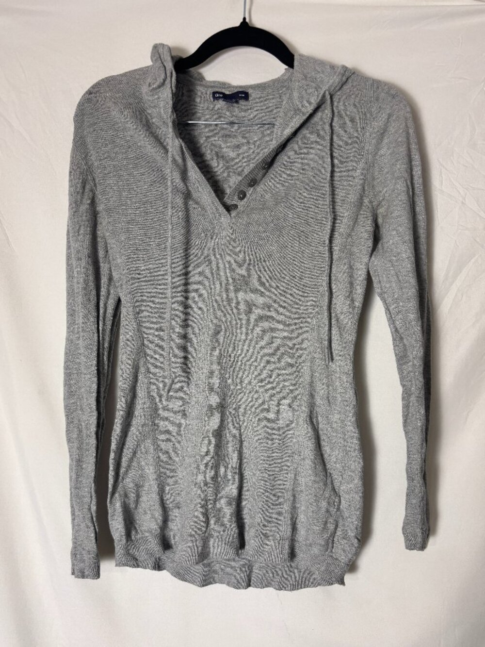 Gap Gray Hooded V-Neck Lightweight Knit Sweater Size Small